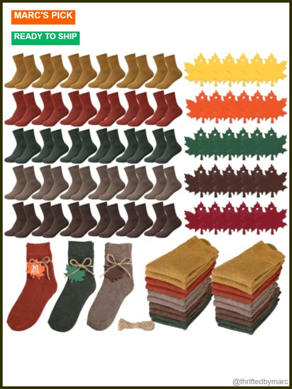 Chicingyou 30 Sets Fall Crew Socks Maple Leaf Tags Cotton Socks for Women
